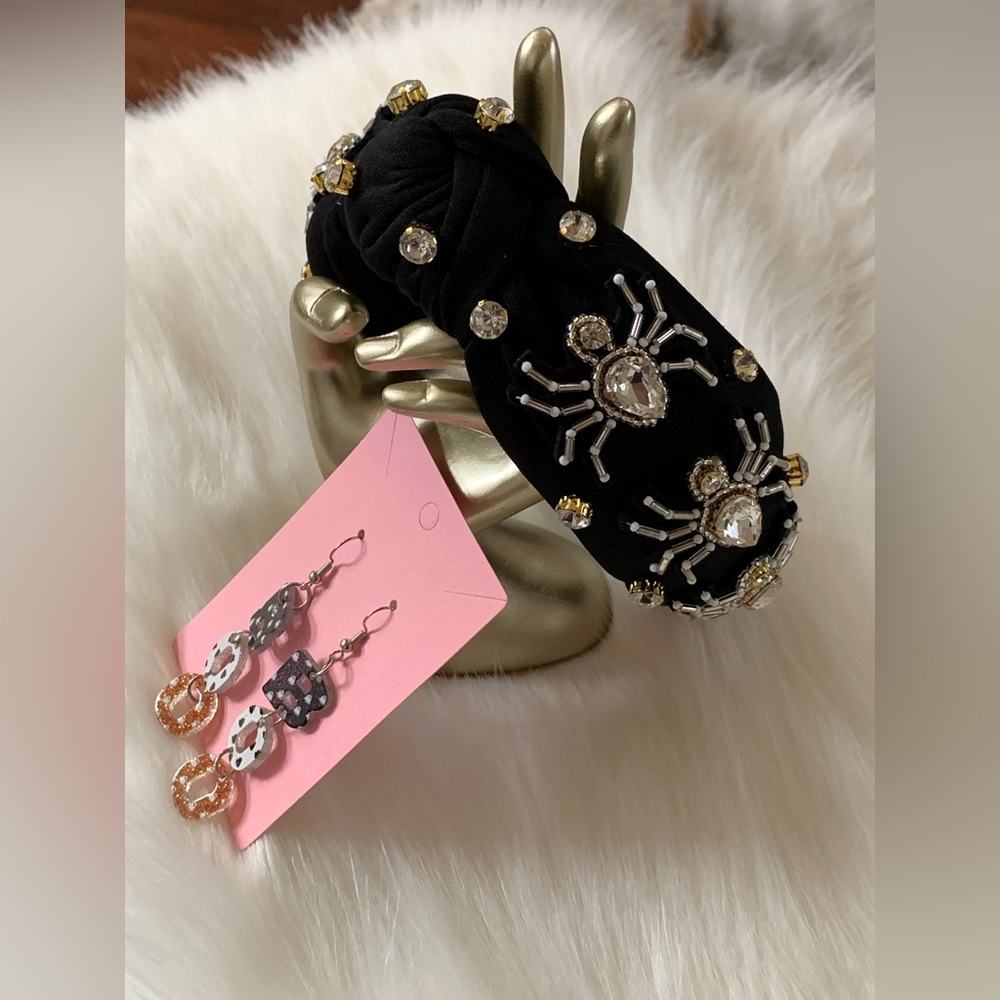 Black and Gold Spider Headband and Boo Earrings Set